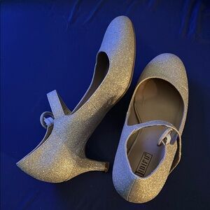 Gold Sparkly Heels with Strap and Rounded Toe